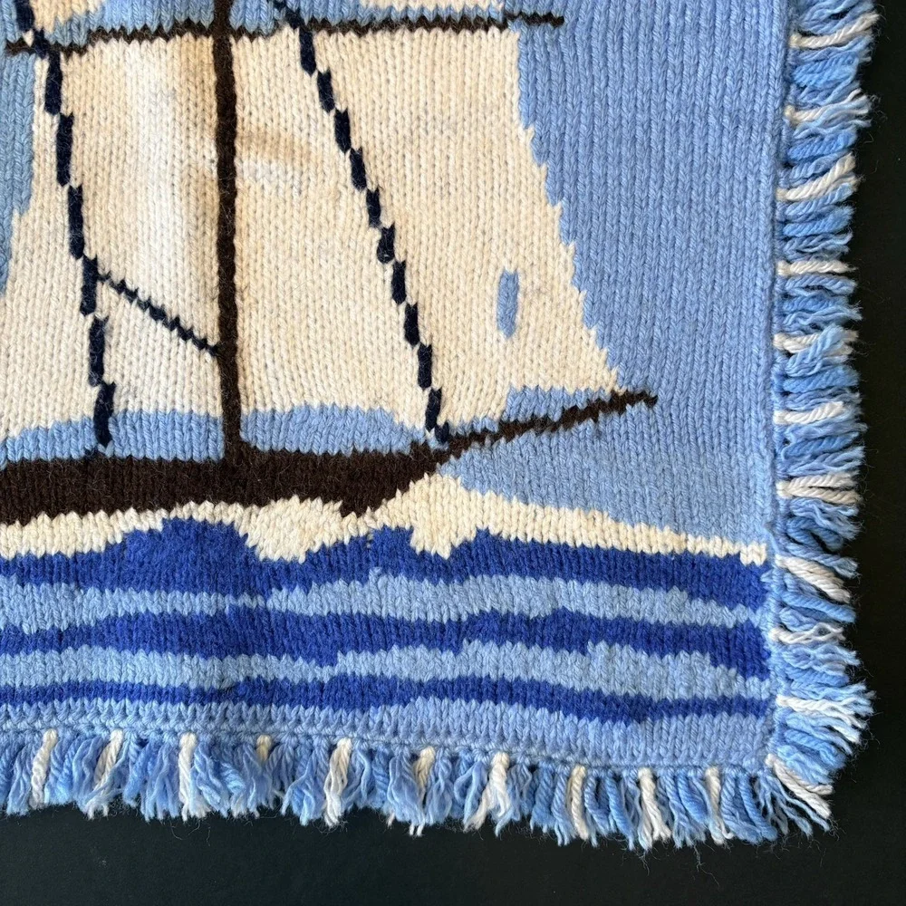 Vintage Textile‎ Nautical Clipper Ship Throw Pillow Cover Sham Blue & White 15